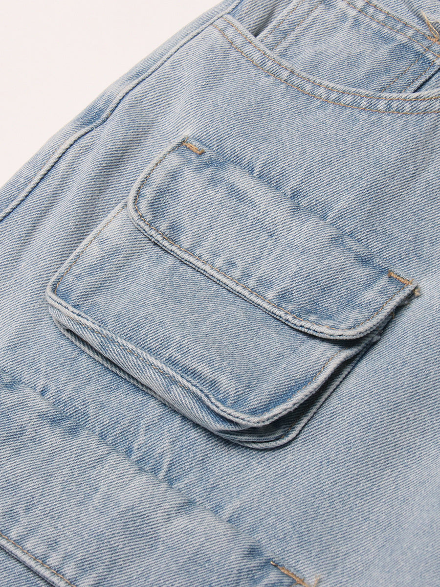 Retro Light Blue Washed High Waist Cargo Jeans