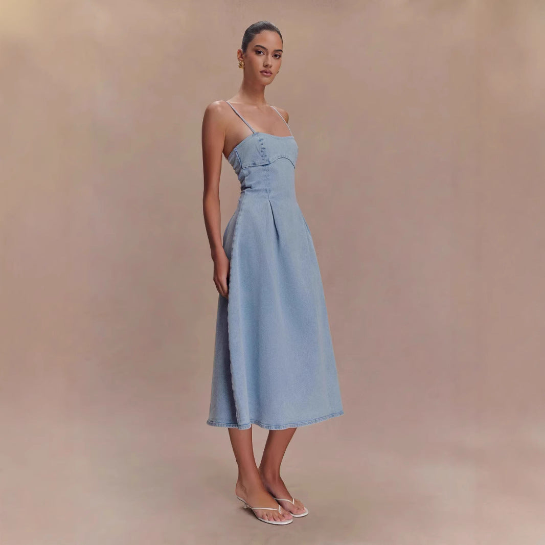 Sexy Women Wear Summer Tube Top Solid Color Sleeveless Denim Sling Dress
