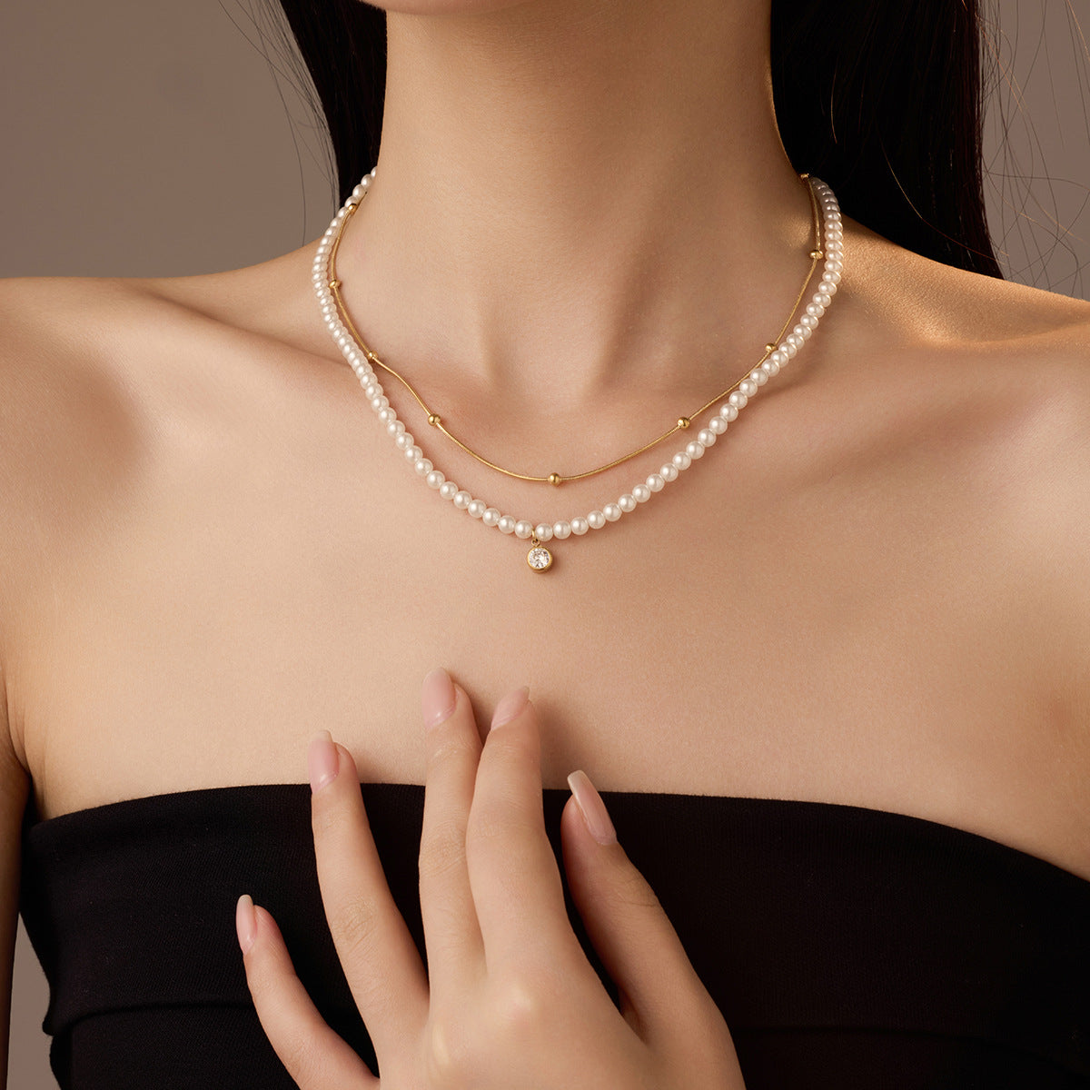 All Match Pearl Double Chain Necklace