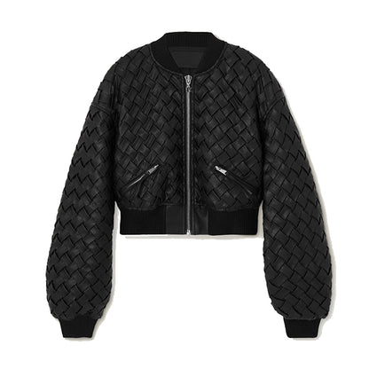 Woven Leather Zip-Up Flight Coat