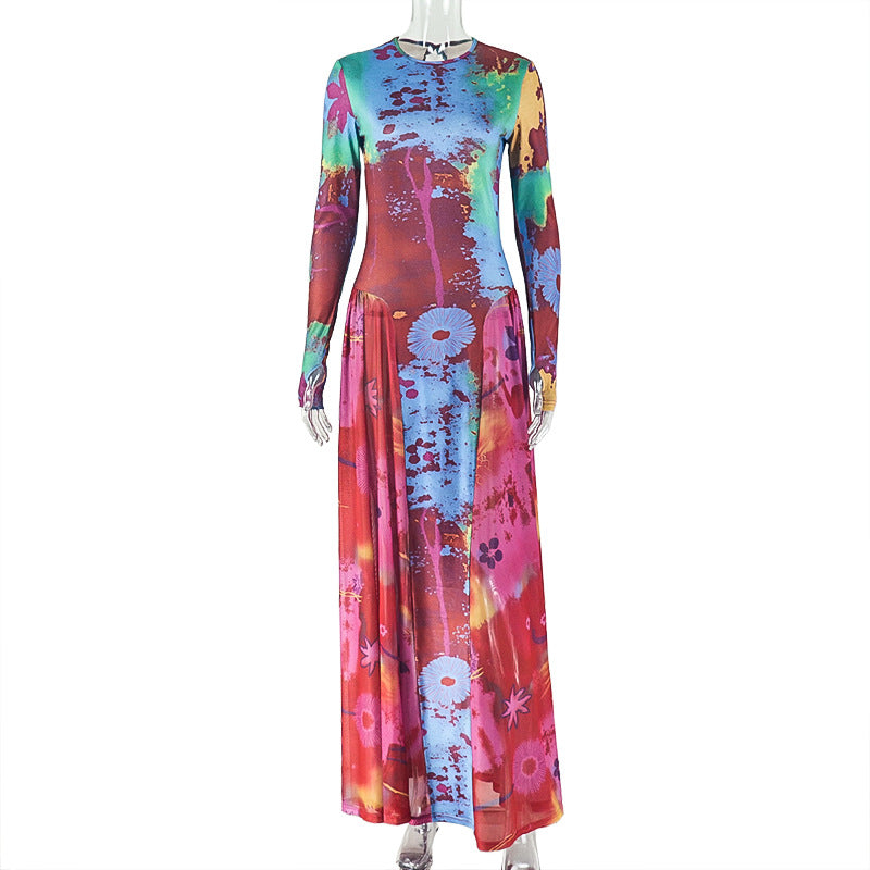 Vintage Crumbled Printed Patchwork A line Long Sleeve Dress