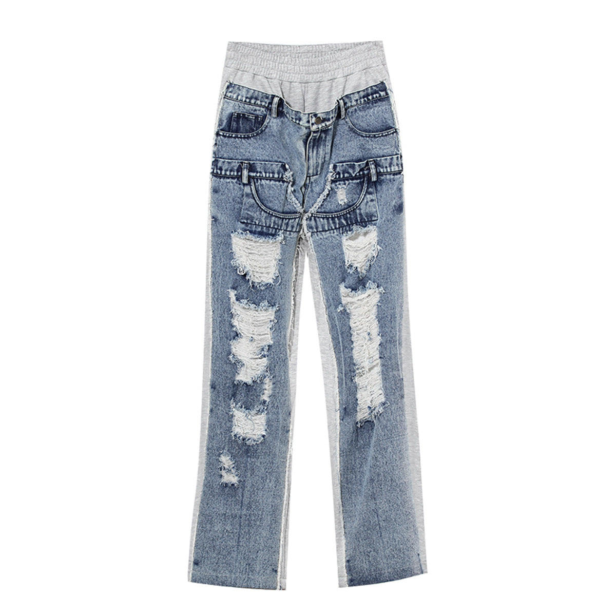 Retro Design High Waist Retro Hand Frayed Stitching Jeans False Two Piece Patchwork Straight Leg Trousers