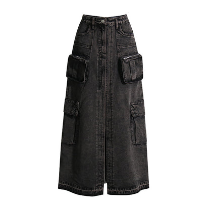 Cargo Front Slit Denim Skirt