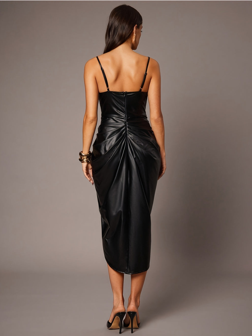 Elegant Faux Leather Cami Pleated Sheath Split Dress