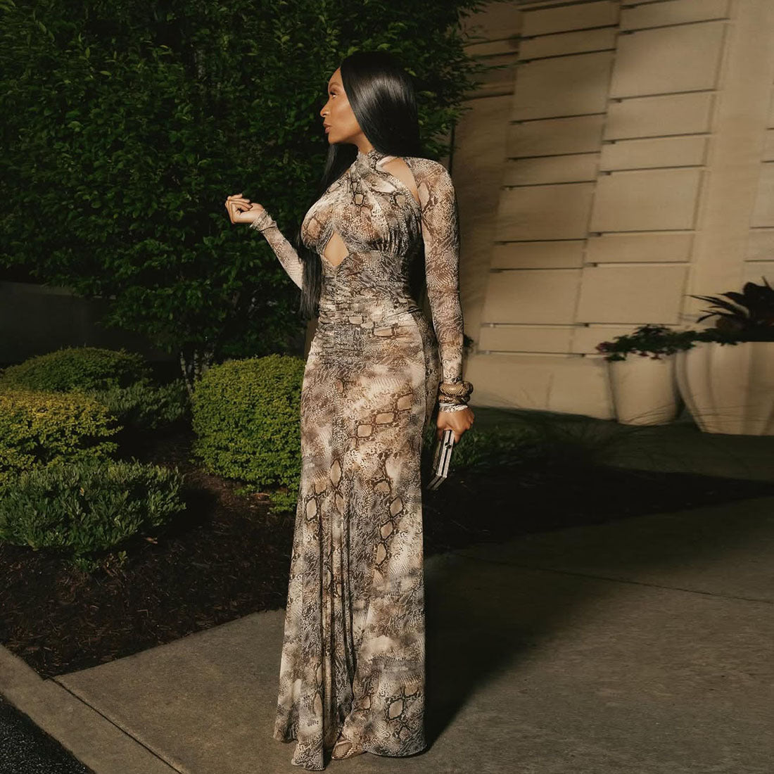 Snake Print Hollow Out Cutout Slim Sexy Jumpsuit Dress