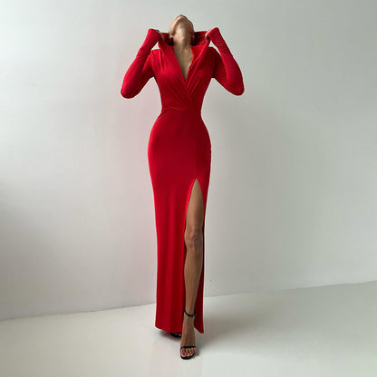 Hooded V Neck Long Sleeve Split Dress