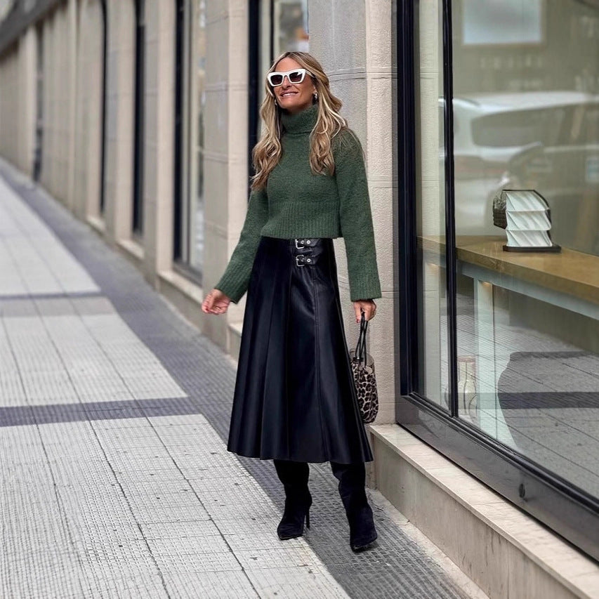 A line Pleated Faux Leather Skirt