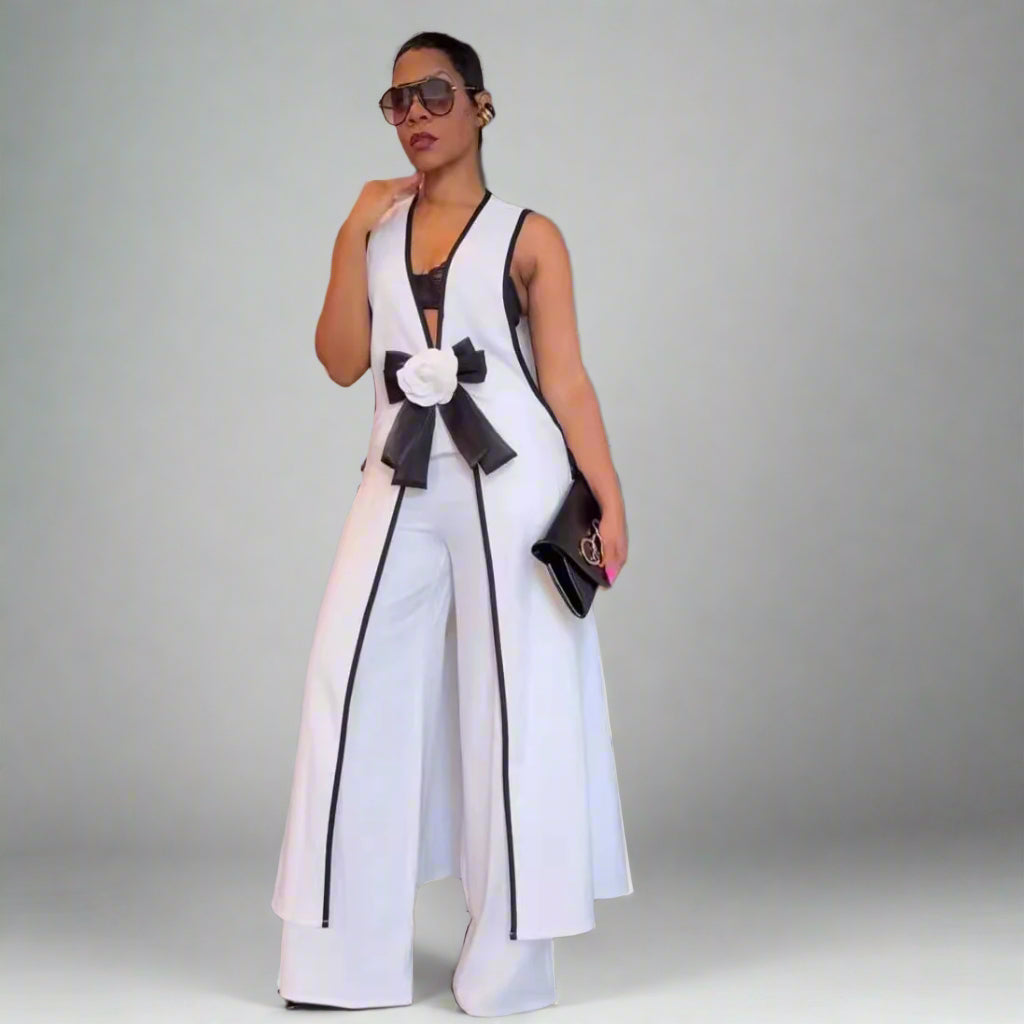 Camellia Bow Vest Wide Leg Pants Set