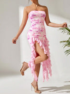 Slit Tube Top Floral Ruffles Slit Dress