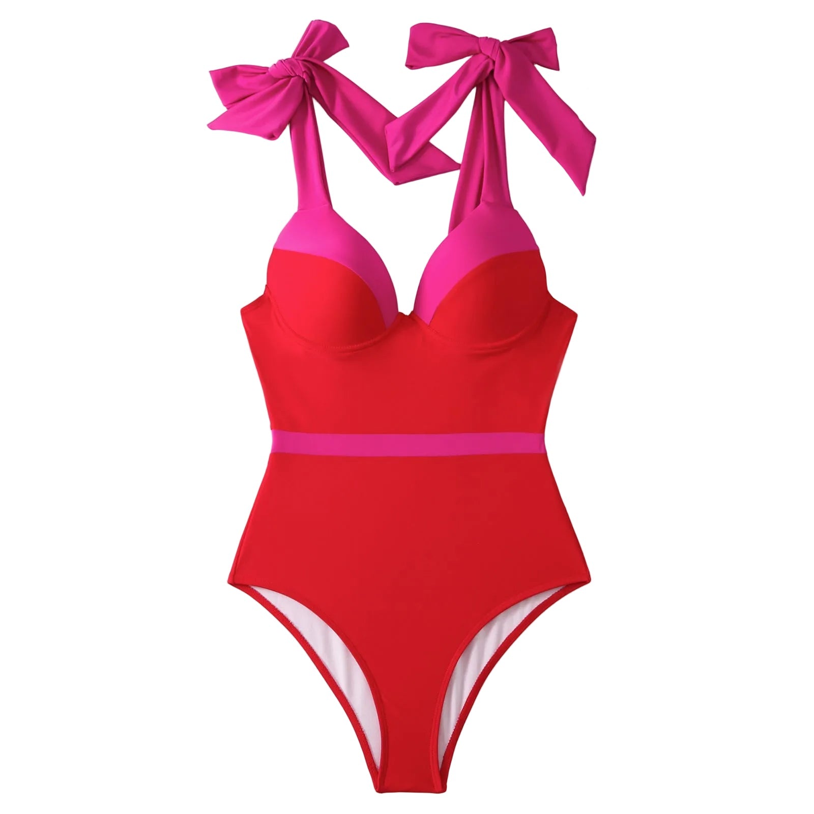 Red and pink swimsuit with pink bows on a white background