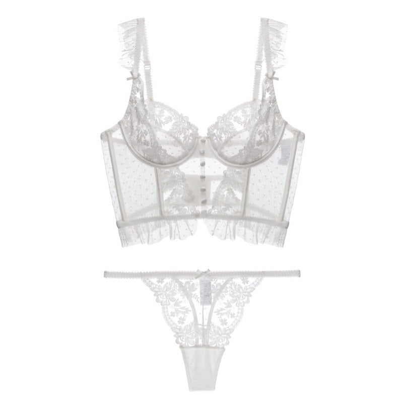 French Push up Beauty Back Polka Dot Embroidered Lace Bra & Panties Set