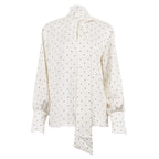 Ivory Polka Dot Satin Blouse – Elegant Long Sleeve Tie Shirt