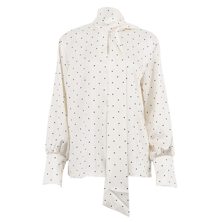 Ivory Polka Dot Satin Blouse – Elegant Long Sleeve Tie Shirt