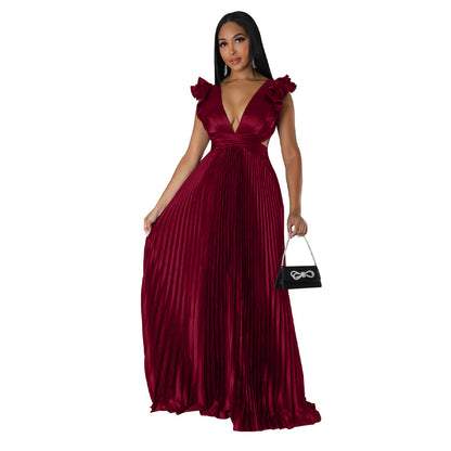 Backless Deep V Plunge Pleated Silk Dress