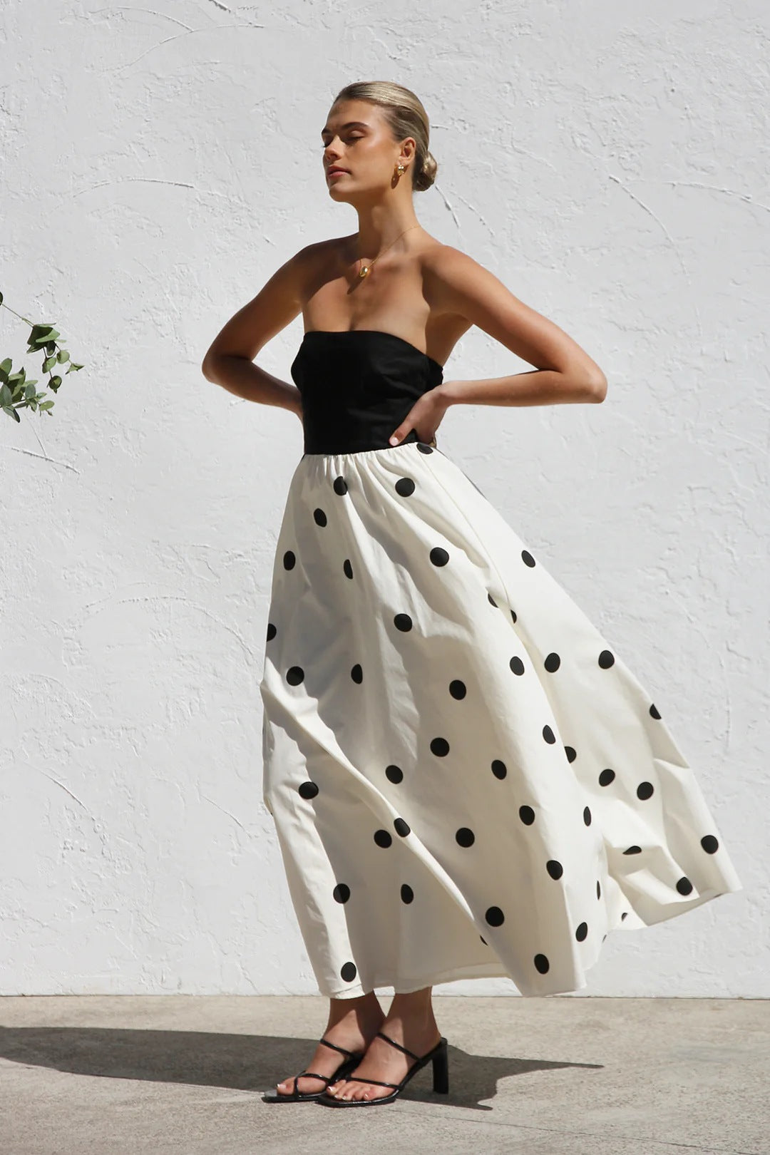 Spring Summer Polka Dot Printing Stitching Wrapped Chest A Swing Maxi Dress