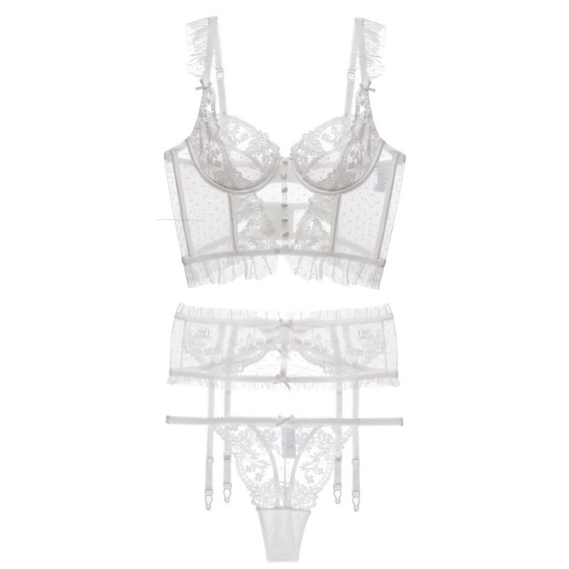 French Push up Beauty Back Polka Dot Embroidered Lace Bra & Panties Set