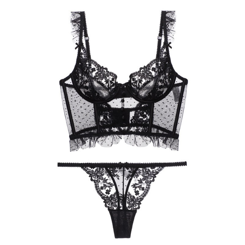 French Push up Beauty Back Polka Dot Embroidered Lace Bra & Panties Set