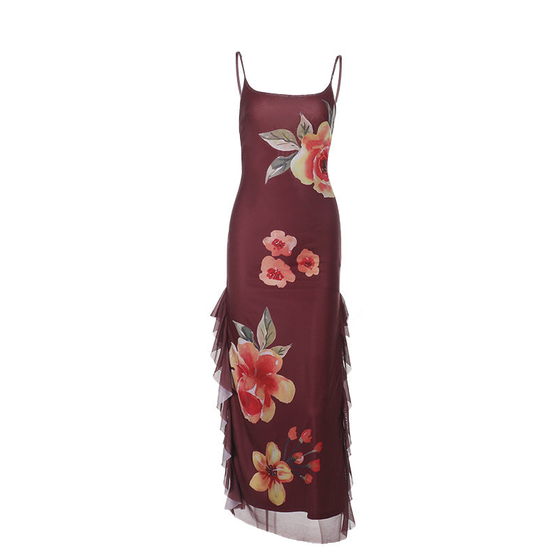 Floral Sheer Ribbon Slit Sheath Suspender Dress
