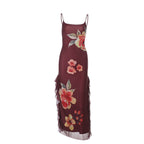 Floral Sheer Ribbon Slit Sheath Suspender Dress