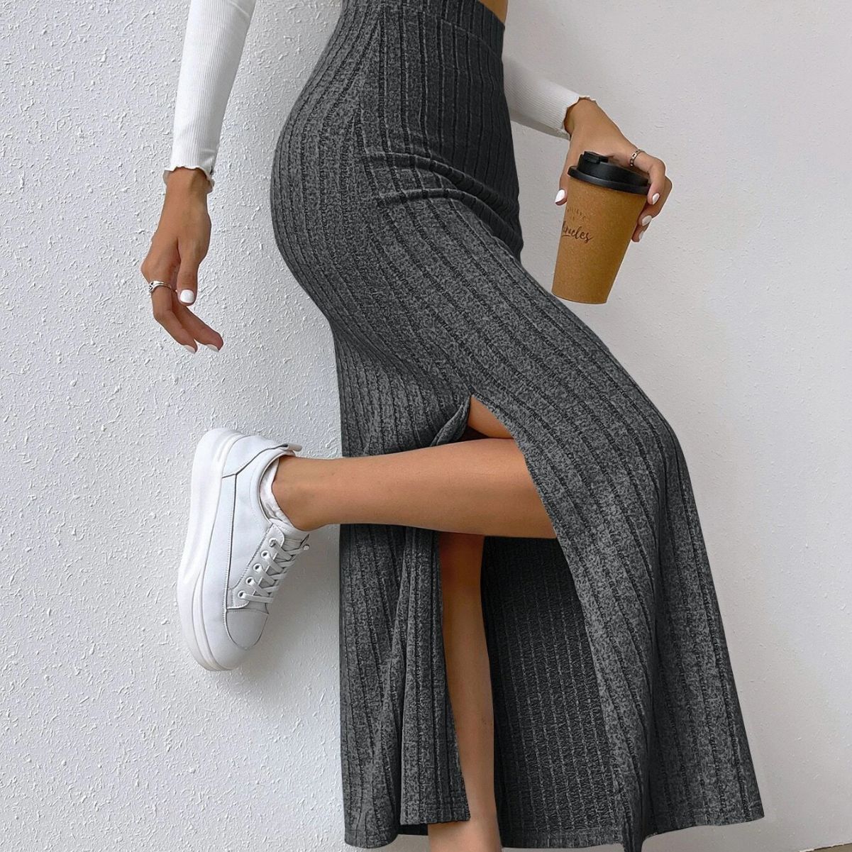 High Waist Side Slim Fit Slit Knitted Skirt Women