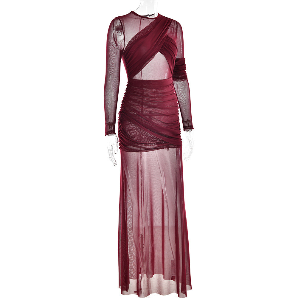 The Sheer Statement – Mesh Long Sleeve Ruched Maxi Dress