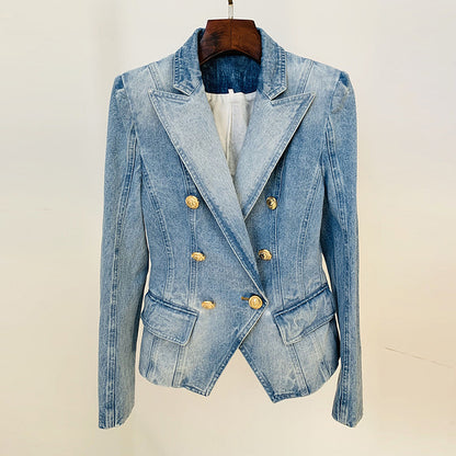 Slim Double Breasted Lion Button Denim Blazer