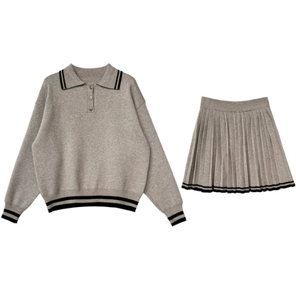 College Polo Collar Sweater Pleated Skirt Sets