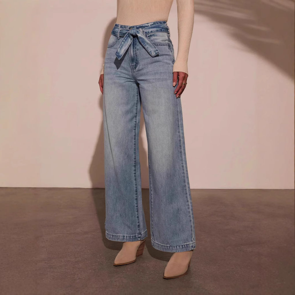Waist Tied Washed Straight Wide Leg Jeans