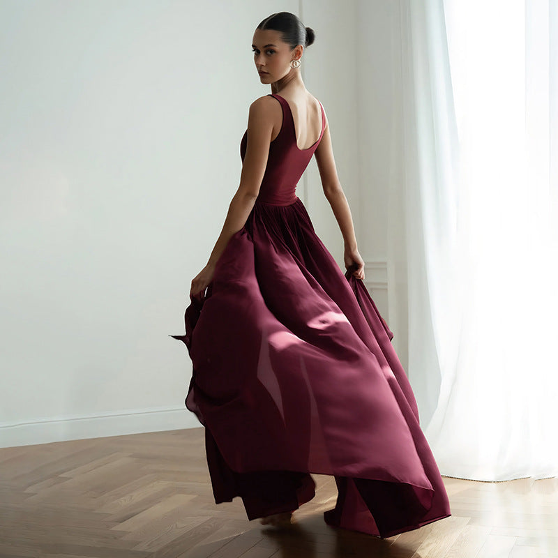 Solid Two Piece Sleeveless Chiffon Patchwork Slit Dress
