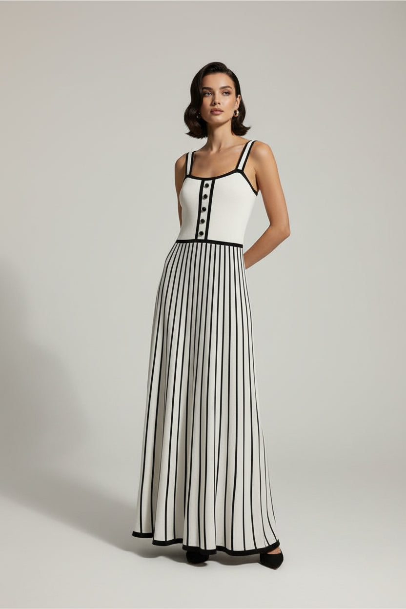 White dress with black stripes and buttons on a hanger against a white background