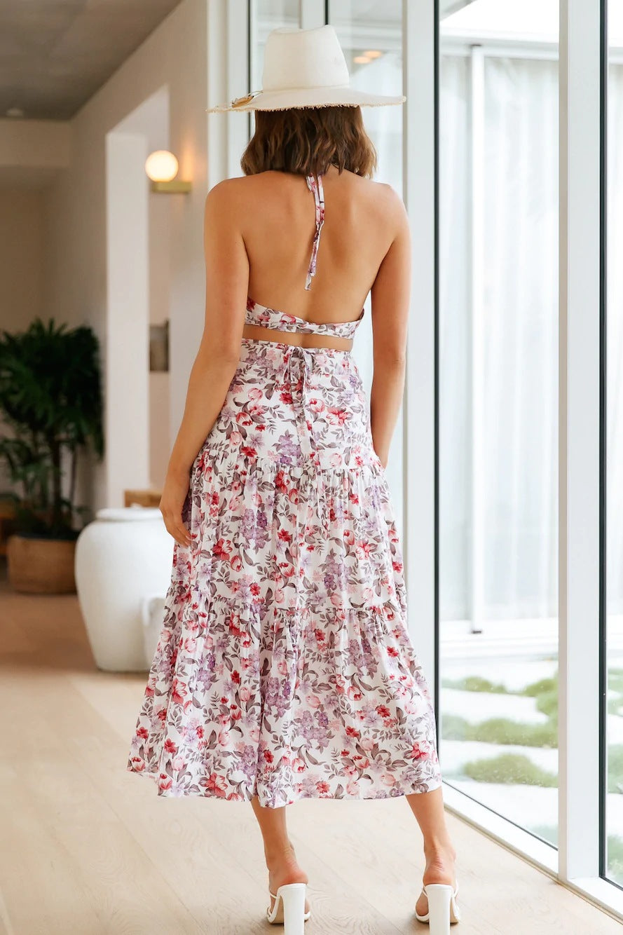 Pleated Backless Casual Floral Set