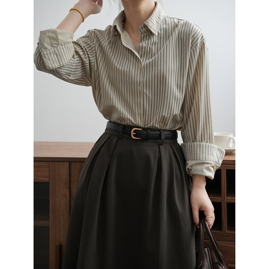 Retro Hong Kong Salt Striped Shirt Women Autumn French Shirt Niche Long Sleeved Shirt