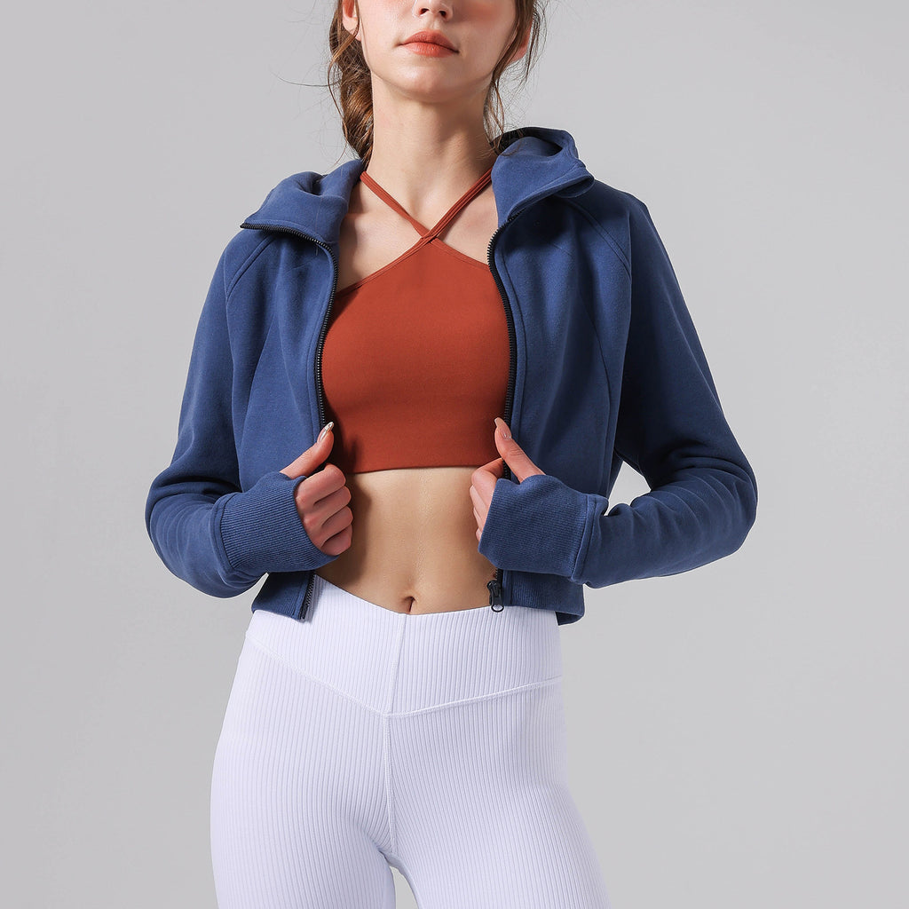 Casual Fleece lined Warm Yoga Clothes Short Loose Sweater Coat Women Hooded Fitness Sports Top Long Sleeve