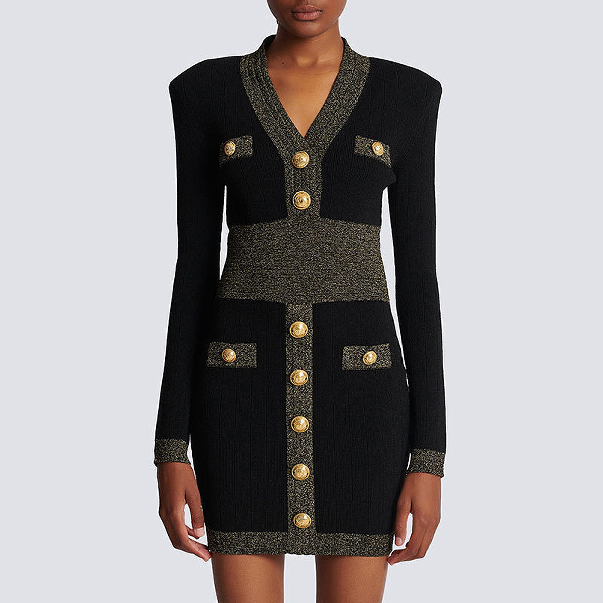 Classic Gold Button Trimming Knitted Dress