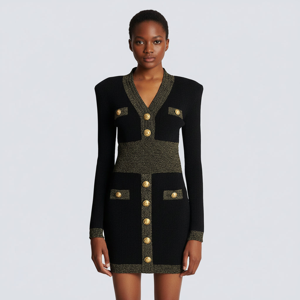 Classic Gold Button Trimming Knitted Dress