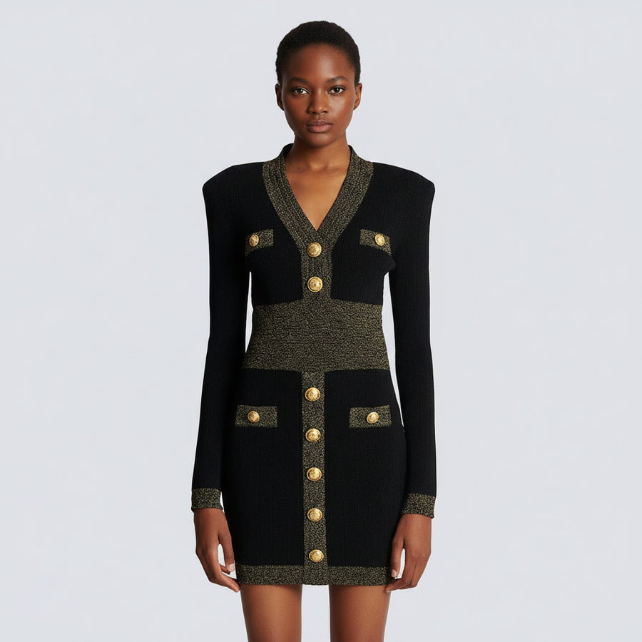 Classic Gold Button Trimming Knitted Dress