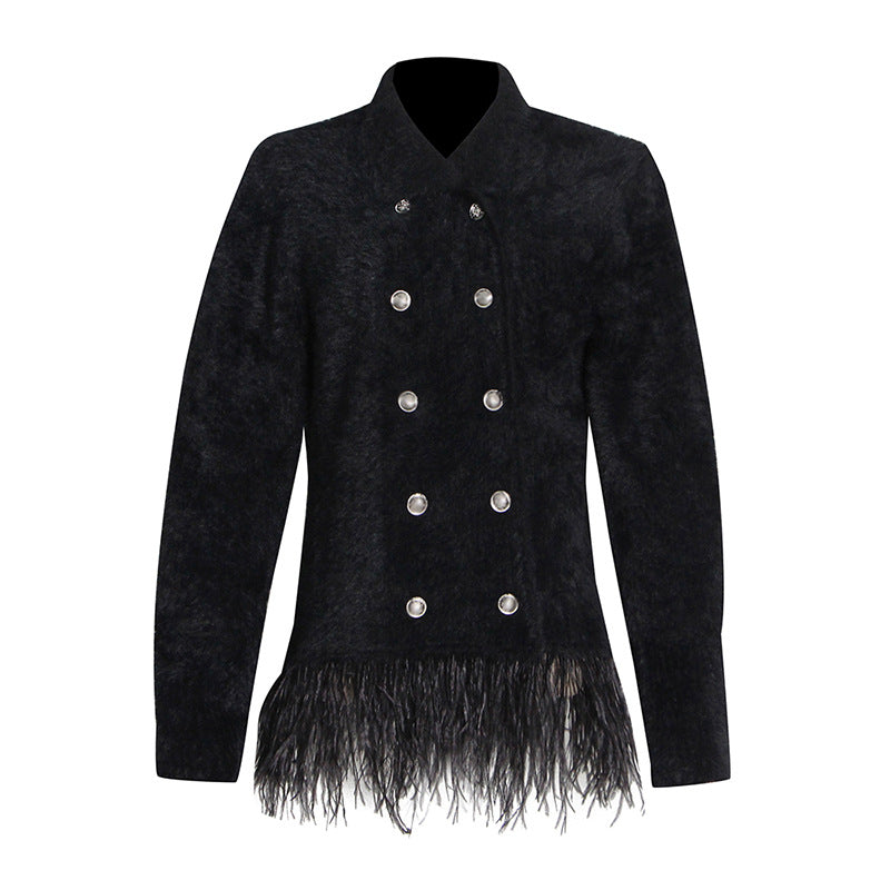 Classic Ostrich Feather Double Breasted Straight Coat