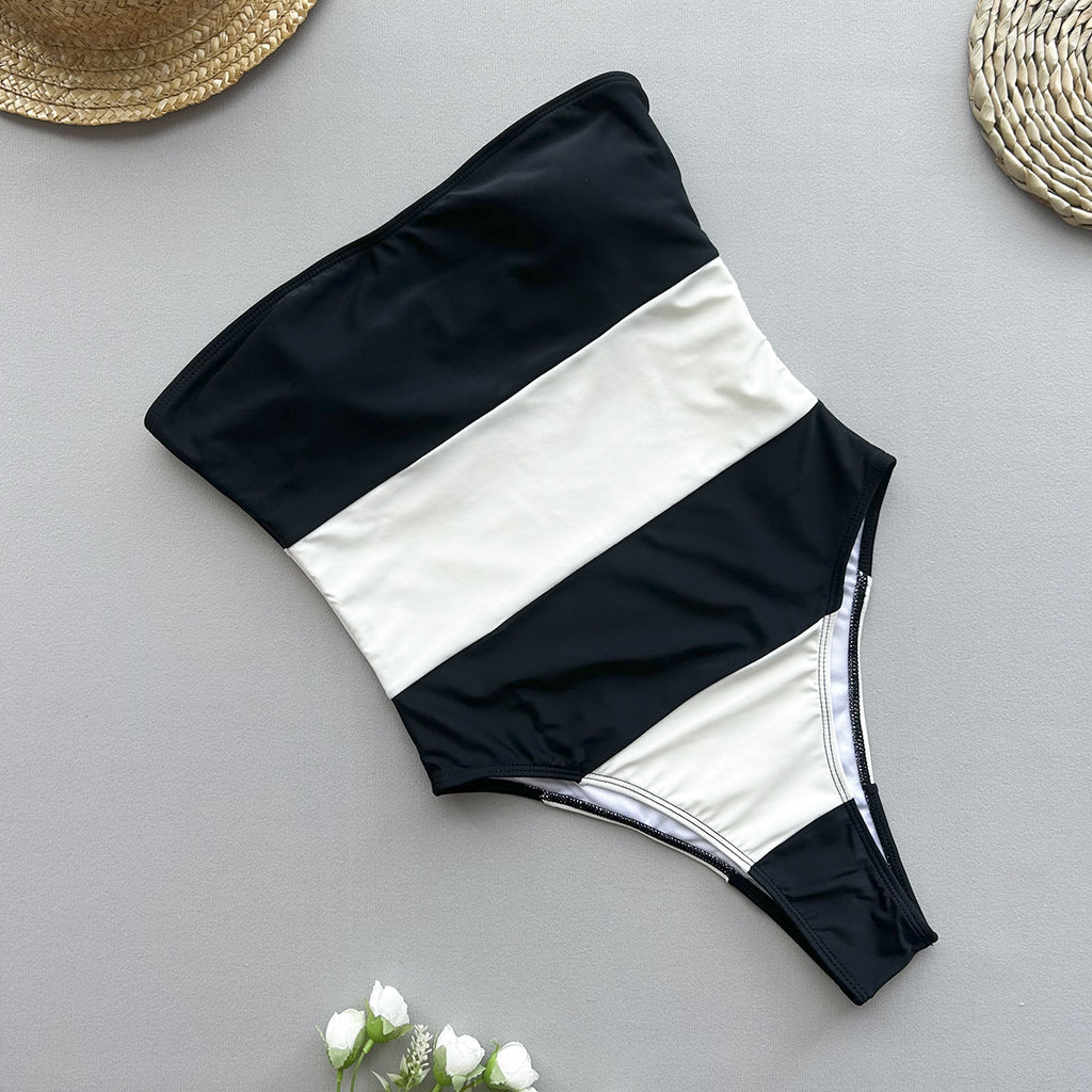 One Piece Black White Striped Swimsuit