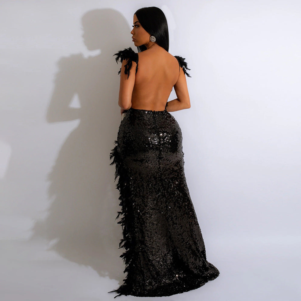 Feather Sling High Slit Sequins Backless Dress