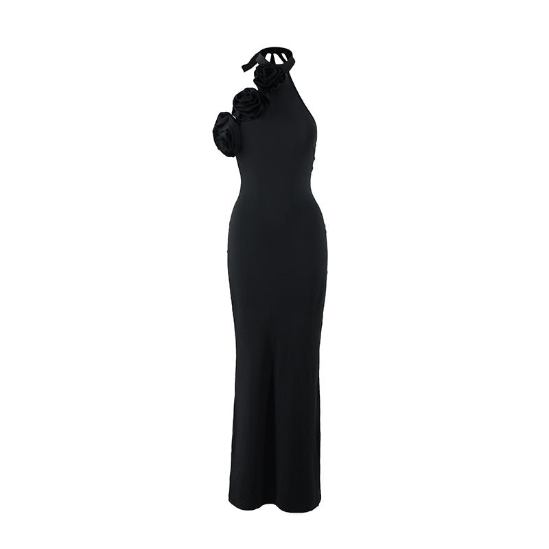 Women Clothing Three Dimensional Floral Sexy Halter Backless Split Dress