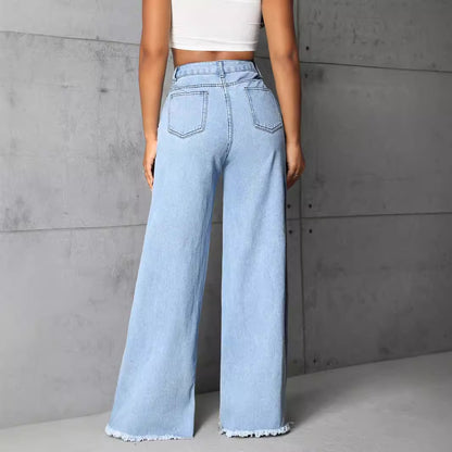 Women Clothing Mop High Waist Straight Wide Leg Jeans Trousers