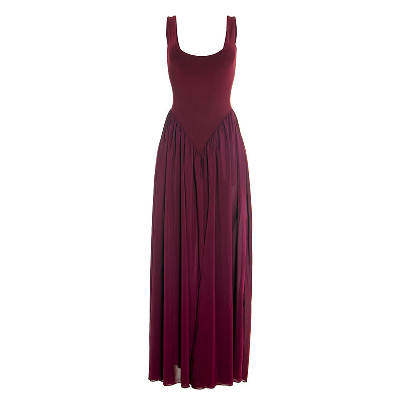 Solid Two Piece Sleeveless Chiffon Patchwork Slit Dress