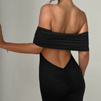 Black Off Shoulder Backless Pleated Dress