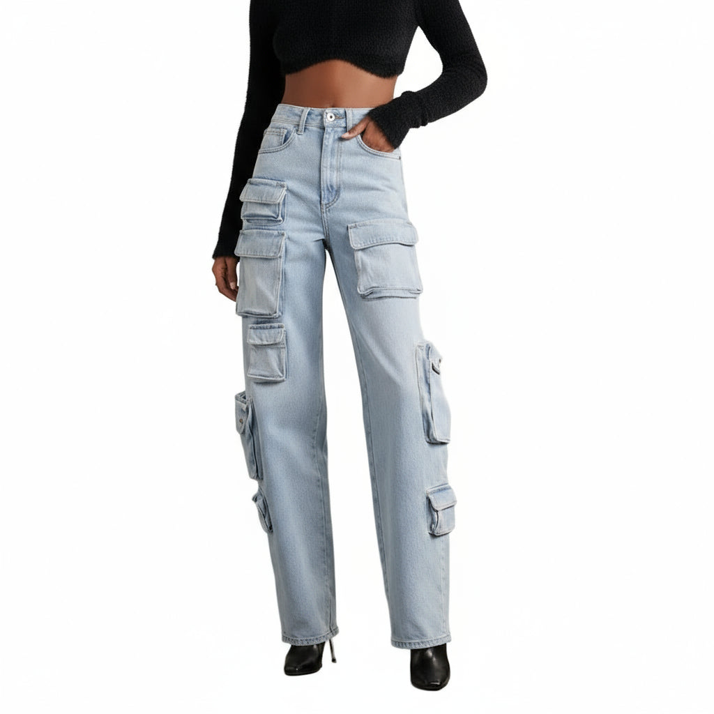 Retro Light Blue Washed High Waist Cargo Jeans