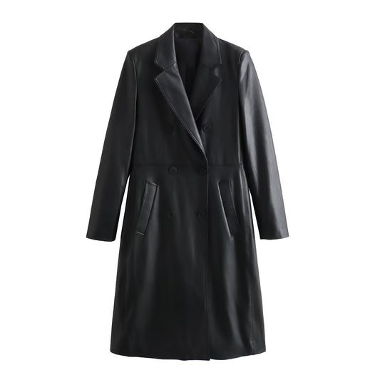 All Match Collar Faux Leather Mid Length Coat