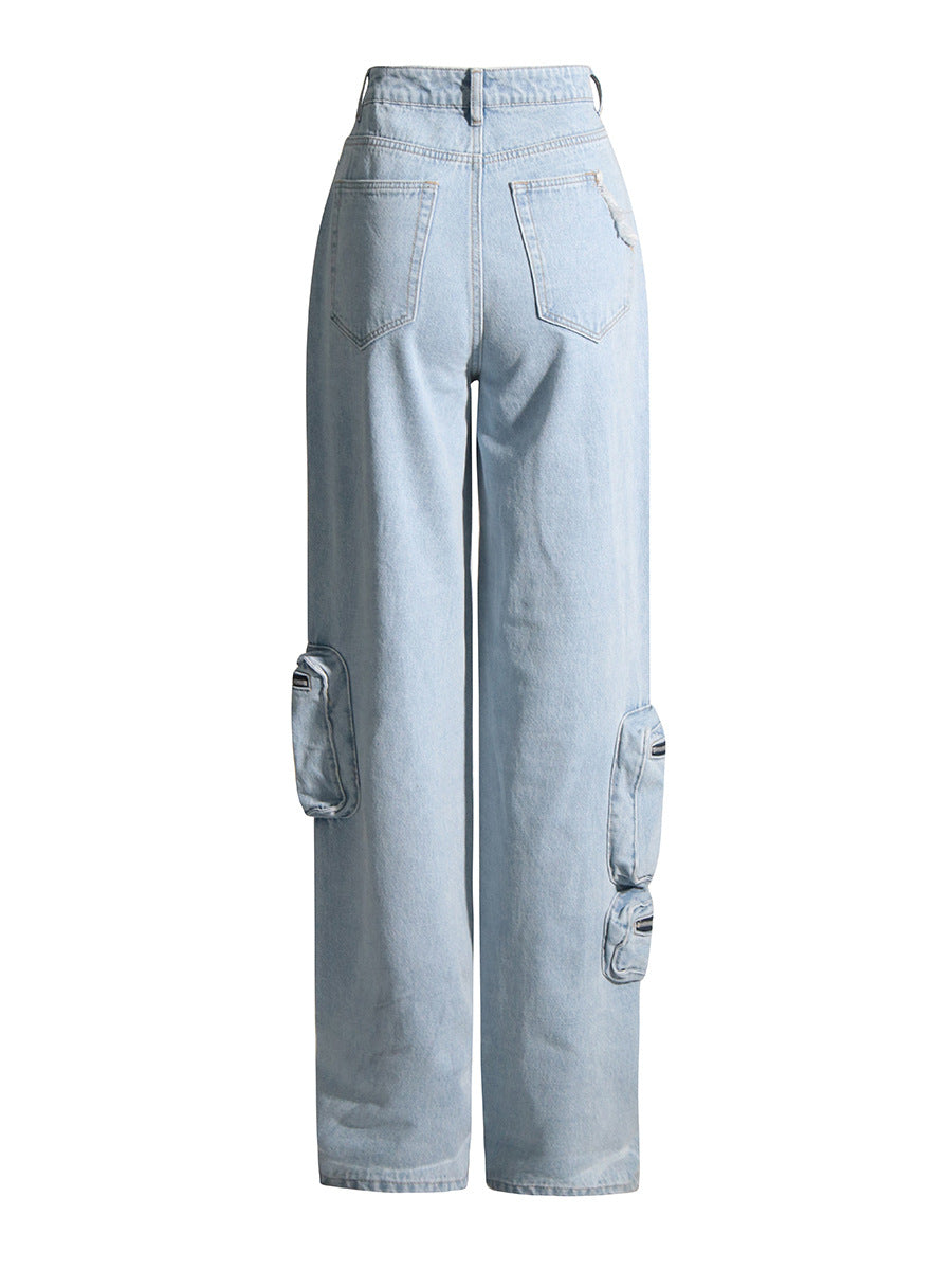 Retro Light Blue Washed High Waist Cargo Jeans