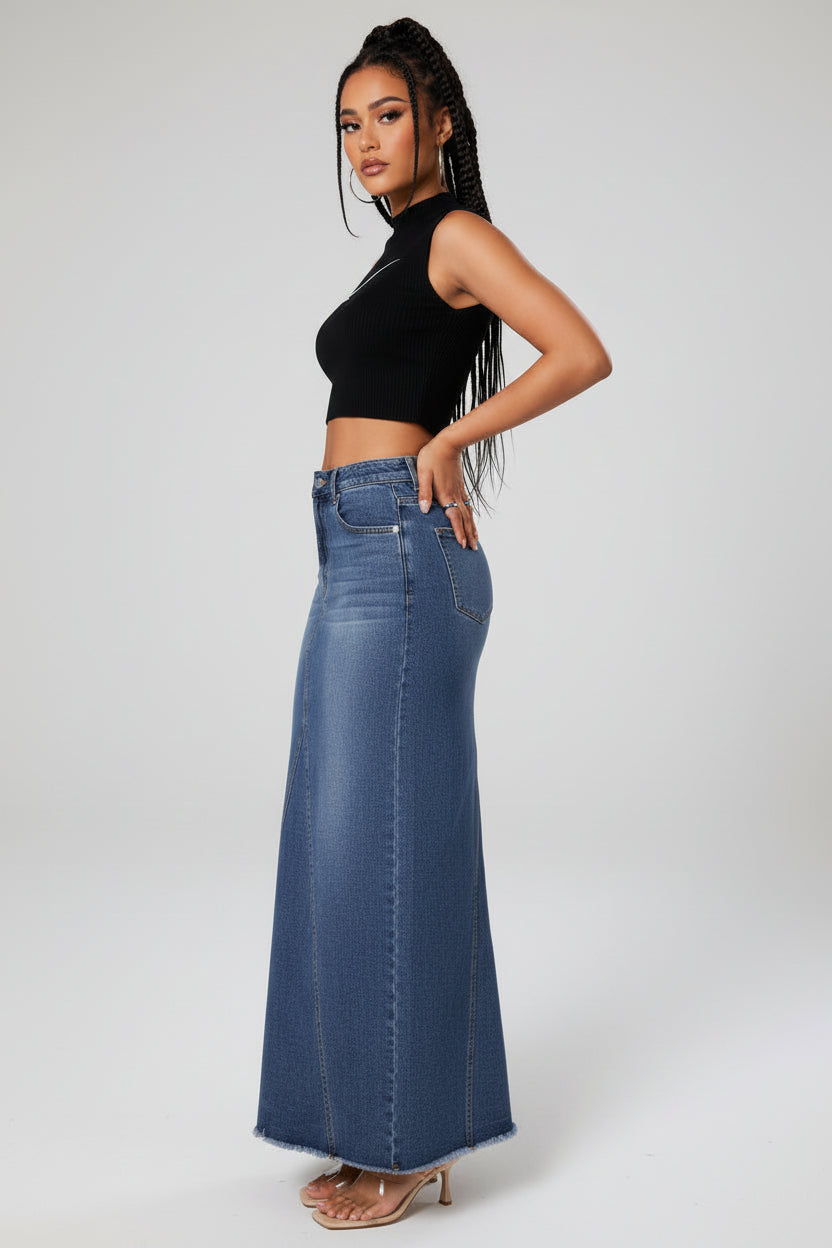 Fringed Sheath Fishtail Denim Skirt