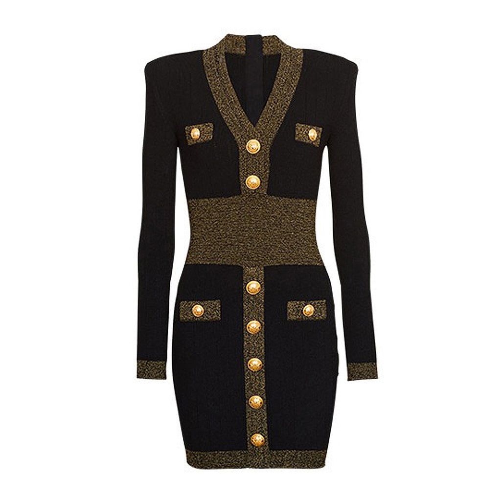 Classic Gold Button Trimming Knitted Dress