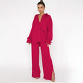 Single Breasted Long Sleeve Tied Red Top & Pants Set