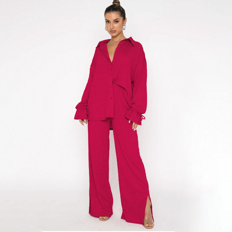 Single Breasted Long Sleeve Tied Red Top & Pants Set